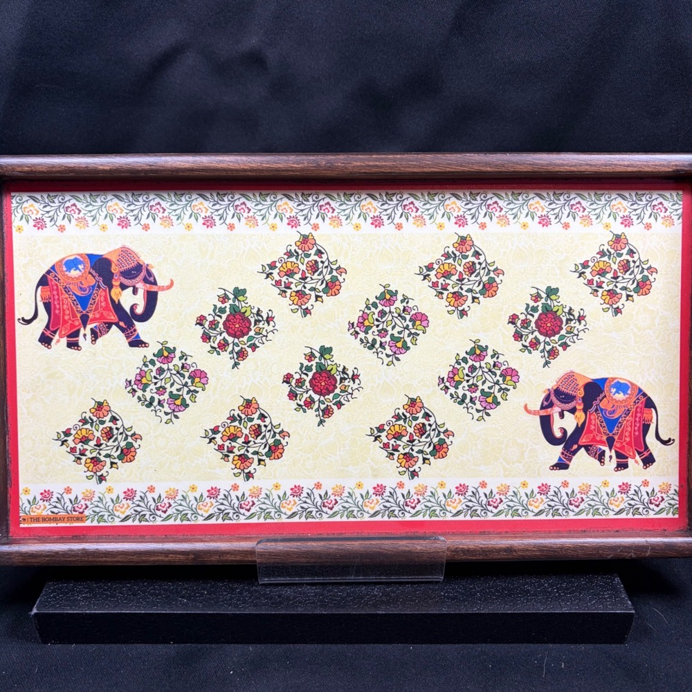 The Bombay Store Wood Serving Tray Elephant Floral Indian Folk Art 15.5x7.5in - Picture 2 of 14